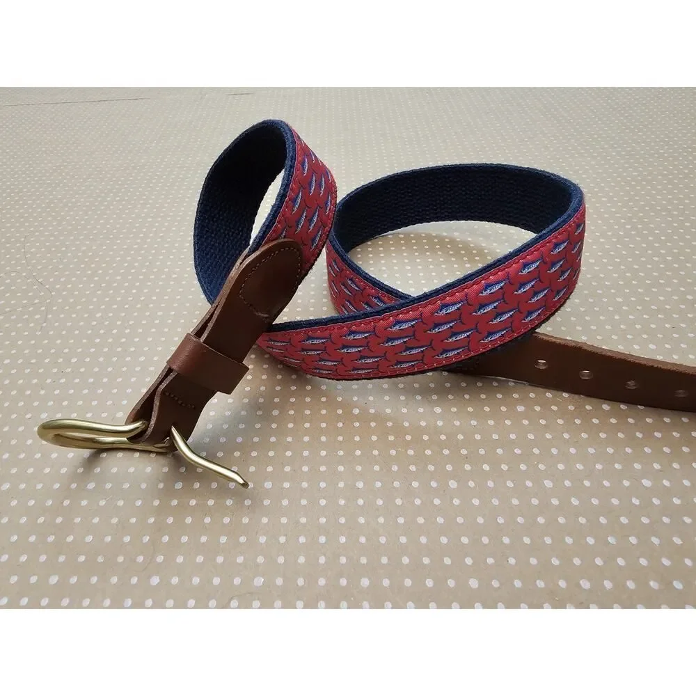 Leather Man LTD Essex CT USA Canvas Leather Fish Belt Mens Sz 32 Red Swordfish